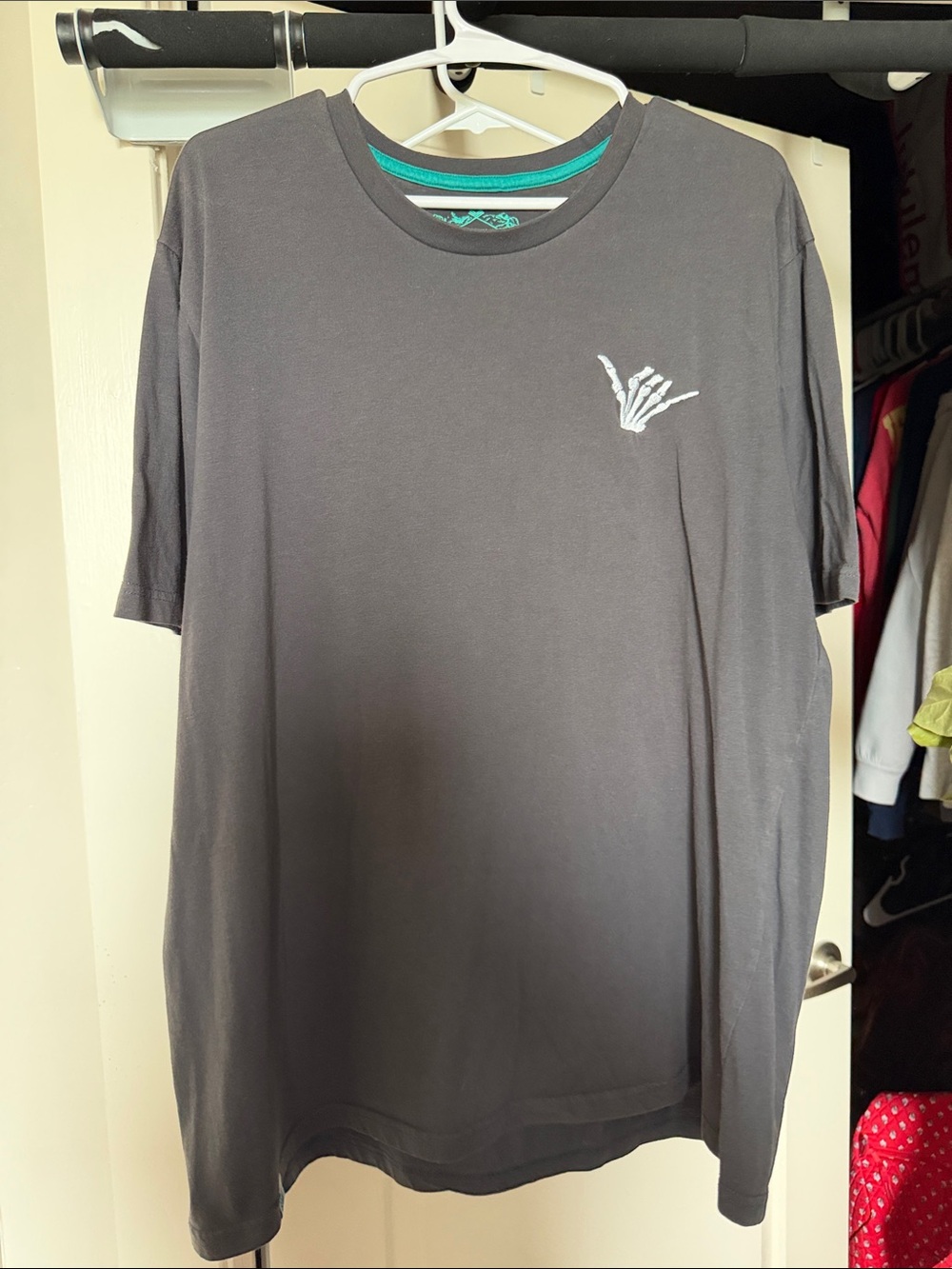 Men's Short-Sleeve Crew Tee with Small Skeleton Hand Graphic - Dark Gray
